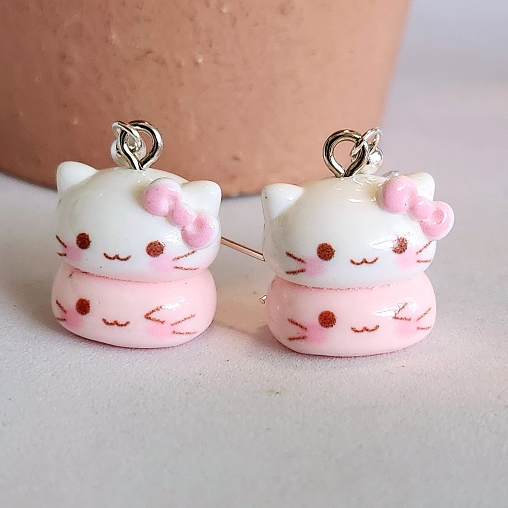 Pink White Mochi Cat Drop Earrings Kitty‎ Bow Dangle Jewelry Handmade 1.5"